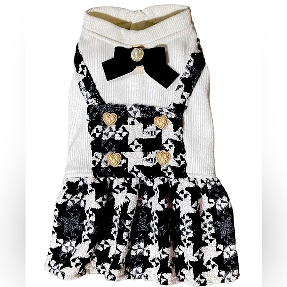 Dog Dress Black & Cream Jumper with Gold Buttons And Black Bow with Pearl - Picture 4 of 16
